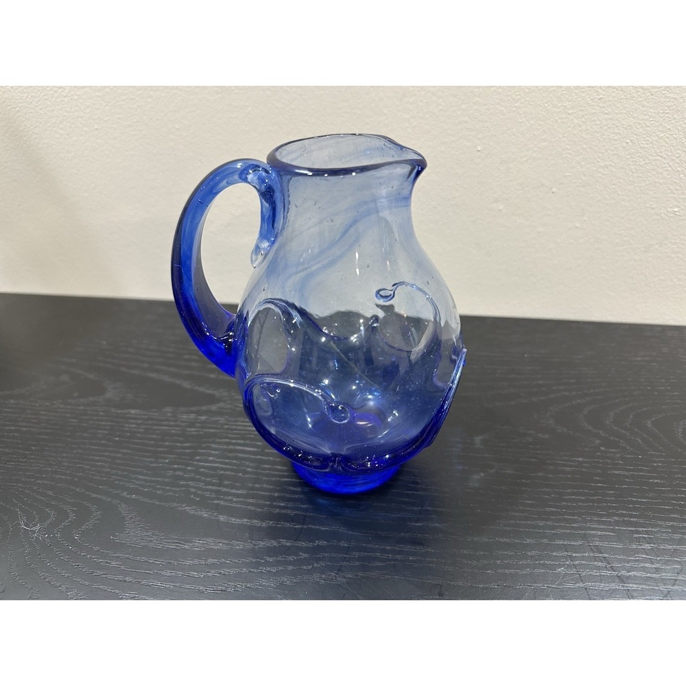 Vintage hand-blown Glass‎ Blue Ombré Pitcher W/wave 6" Design Mid Century Modern